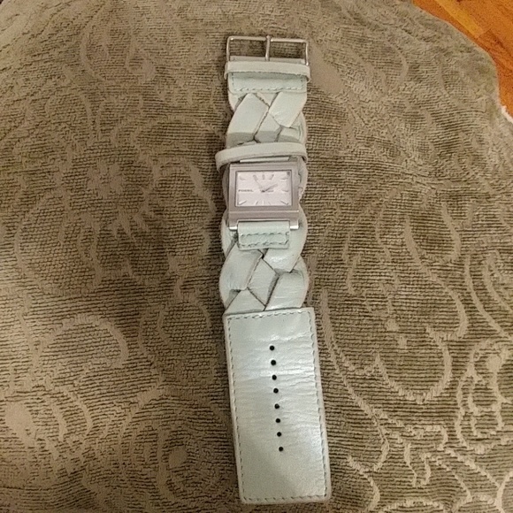 Fossil wide braided leather light teal band